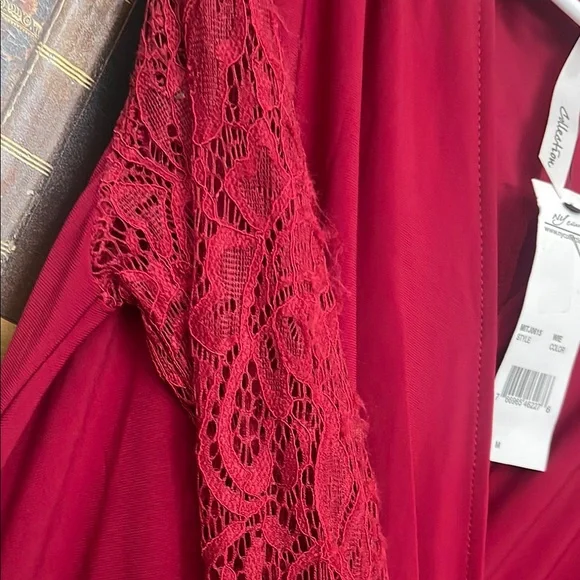 NY Collection Red Lace Sleeve Jumpsuit with V-Neck - Picture 4 of 5